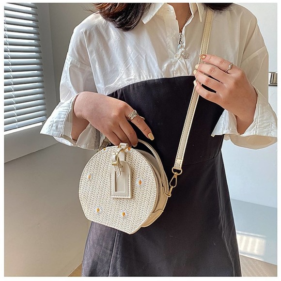 Daisy Flower Embroidered Round Straw Crossbody Bag in Beige - Picture 5 of 8